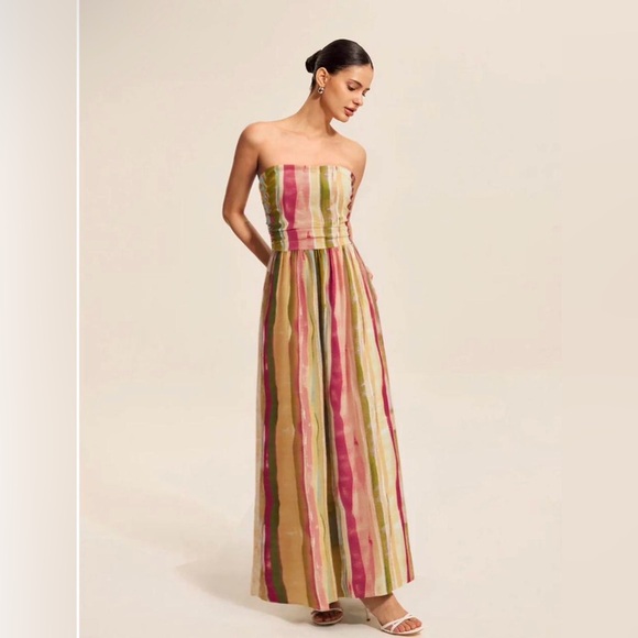 Commense Dresses & Skirts - Commense Strapless Maxi Dress in Pink, Green & Tan